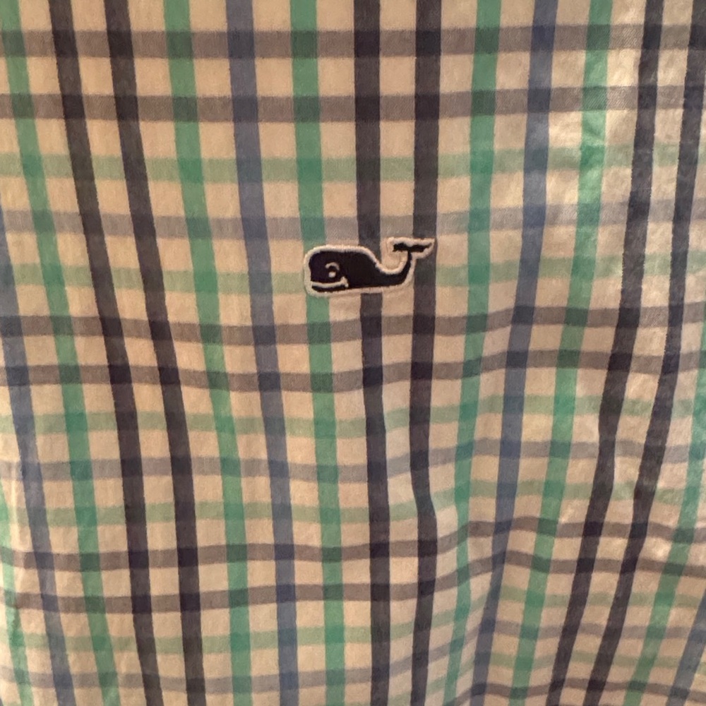 Vineyard Vines Men's Blue and Green Checkered Shirt